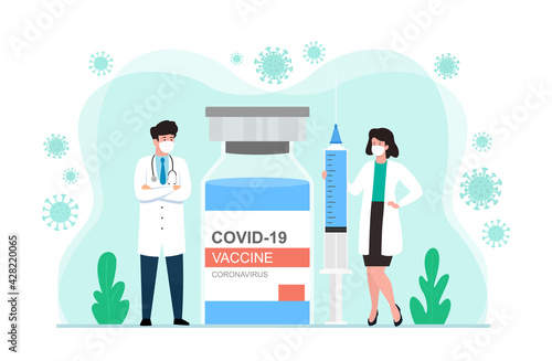 Vector illustration of coronavirus vaccination. Doctor and nurse characters with  huge syringe to inject and vaccine bottle covid-19.