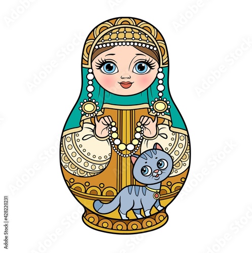 Russian traditional nest doll Matrioshka in a kokoshnik with cat and beads color variation for coloring page isolated on white background