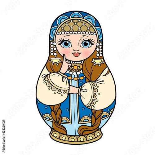 Russian traditional nest doll Matrioshka in a smart kokoshnik color variation for coloring page isolated on white background