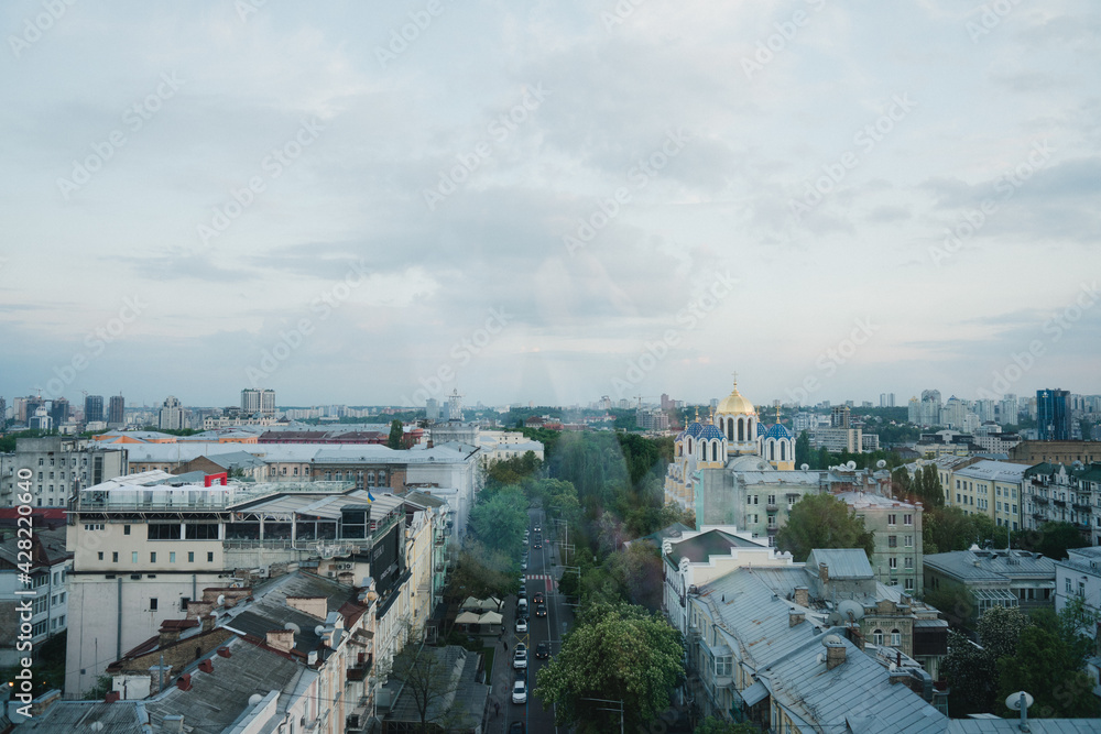 Kyiv cityscape. Top view on the roofs, streets and buildings of the capital of Ukraine's city centre.