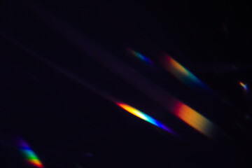 Blur colorful warm rainbow crystal light leaks on black background. Defocused abstract retro film analog effect for using over photos as overlay or screen filter