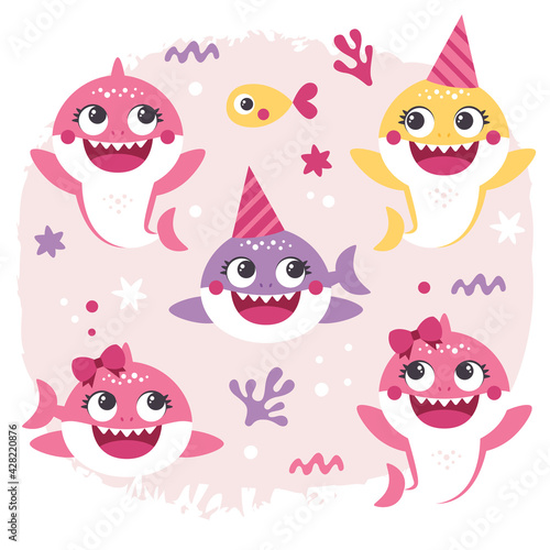 Vecor set of Baby Shark Birthday Illustrations