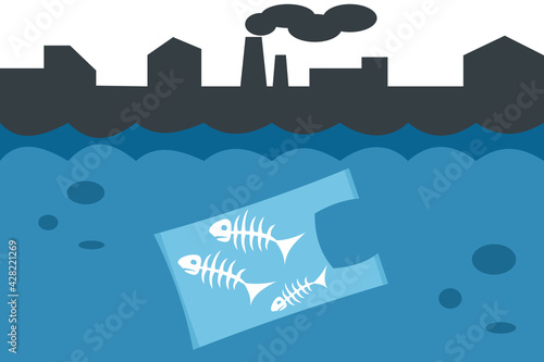Water pollution concept, a floating plastic bag and fish skeletons inside. Ecology issues and environmental disaster.