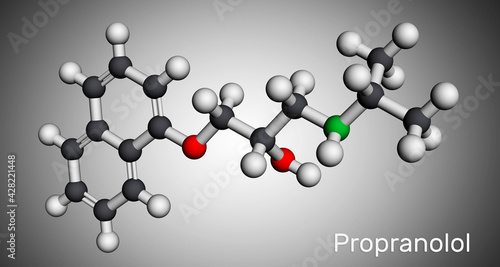 Propranolol molecule. It is synthetic  nonselective beta blocker  used to treat for hypertension. Molecular model. 3D rendering