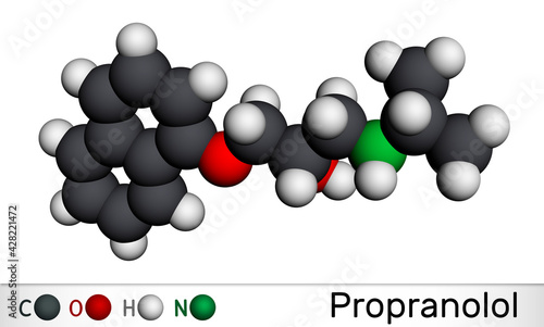 Propranolol molecule. It is synthetic, nonselective beta blocker, used to treat for hypertension. Molecular model. 3D rendering photo