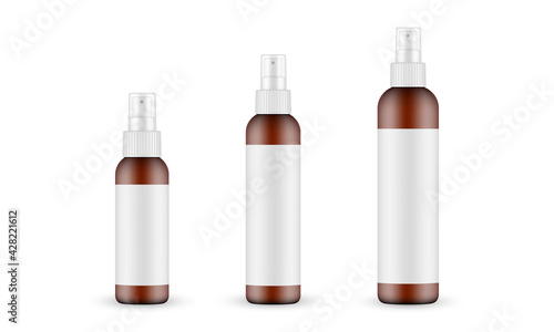 Set of Amber Cosmetic Spray Bottles with Labels Isolated on White Background. Vector Illustration