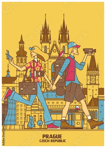 Romantic travel woman and man in love smiling happy walking outdoor during vacation holidays in Prague.Line vector illustration