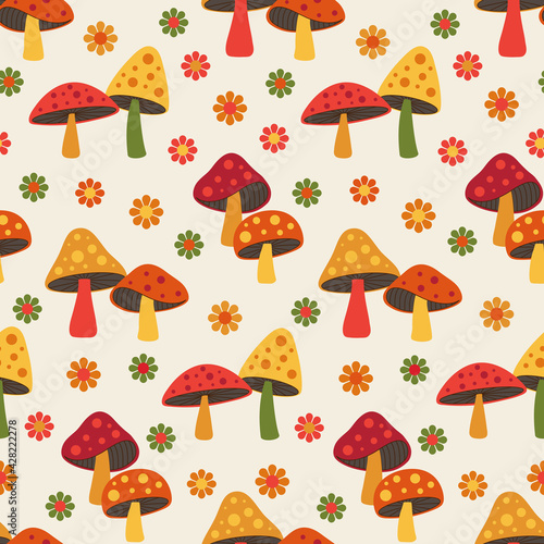 cute woodland mushroom and daisy seamless pattern