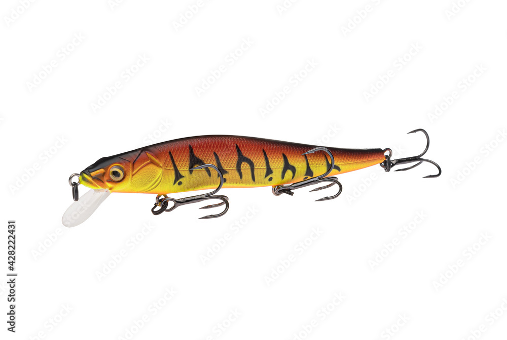 Wobbler with hooks for fishing as bait for fish, which is used for spinning. Fishing tackle for a fisherman. Wobbler with hooks for fishing as bait for fish, which is used for spinning. Fishing tackle for a fisherman.