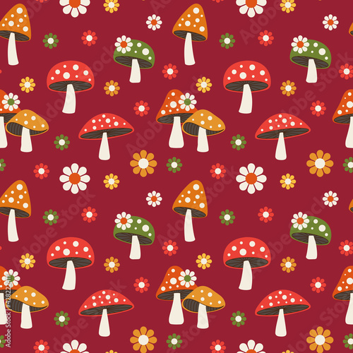 woodland mushroom and daisy seamless pattern on red background