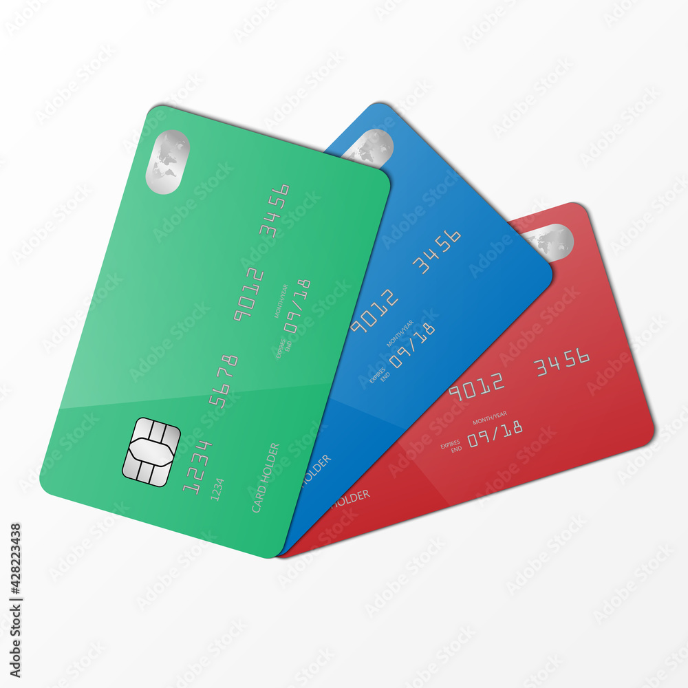 Realistic green, blue and red credit card mockup template, vector illustration Realistic green, blue and red credit card mockup template, vector illustration