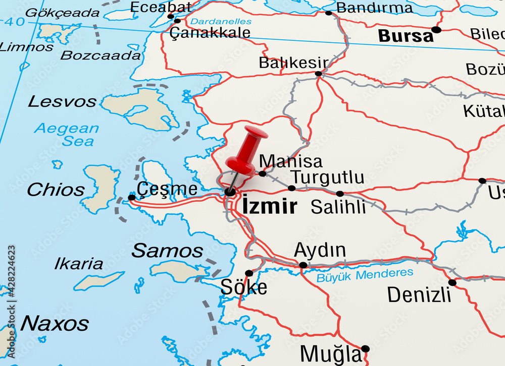 Map showing Izmir, Turkey with a Red Pin. 3D Rendering