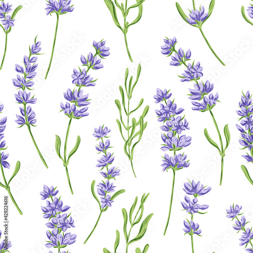 Hand drawn vector seamless pattern in retro style with violet lavender flowers and leaves. Decorative floral background for a wedding or branding design in purple and green colors