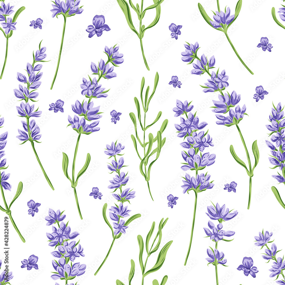 Naklejka Hand drawn vector seamless pattern in retro style with violet lavender flowers and leaves. Decorative floral background for a wedding or branding design in purple and green colors