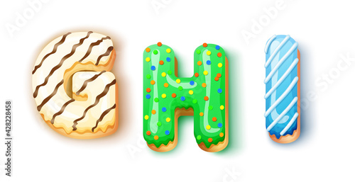 Donut icing upper latters - ghi Font of donuts. Bakery sweet alphabet. Donut alphabet latter ghi isolated on white background, vector illustration