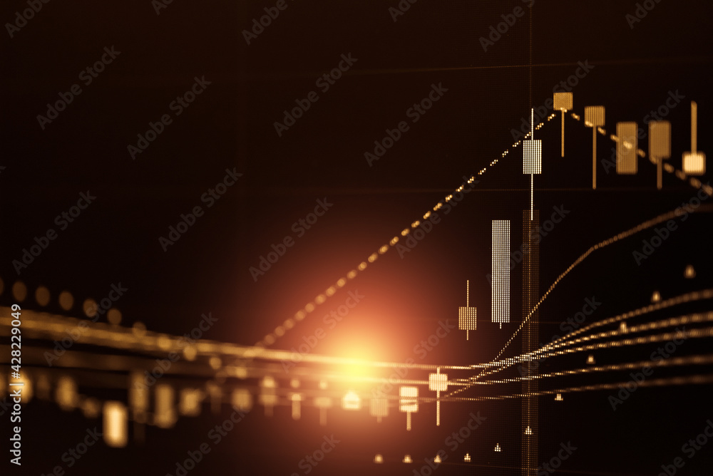 Financial data in term of a digital prices on LED display. A number of daily market price and quotation of prices chart to represent candle stick tracking in Forex trading.	