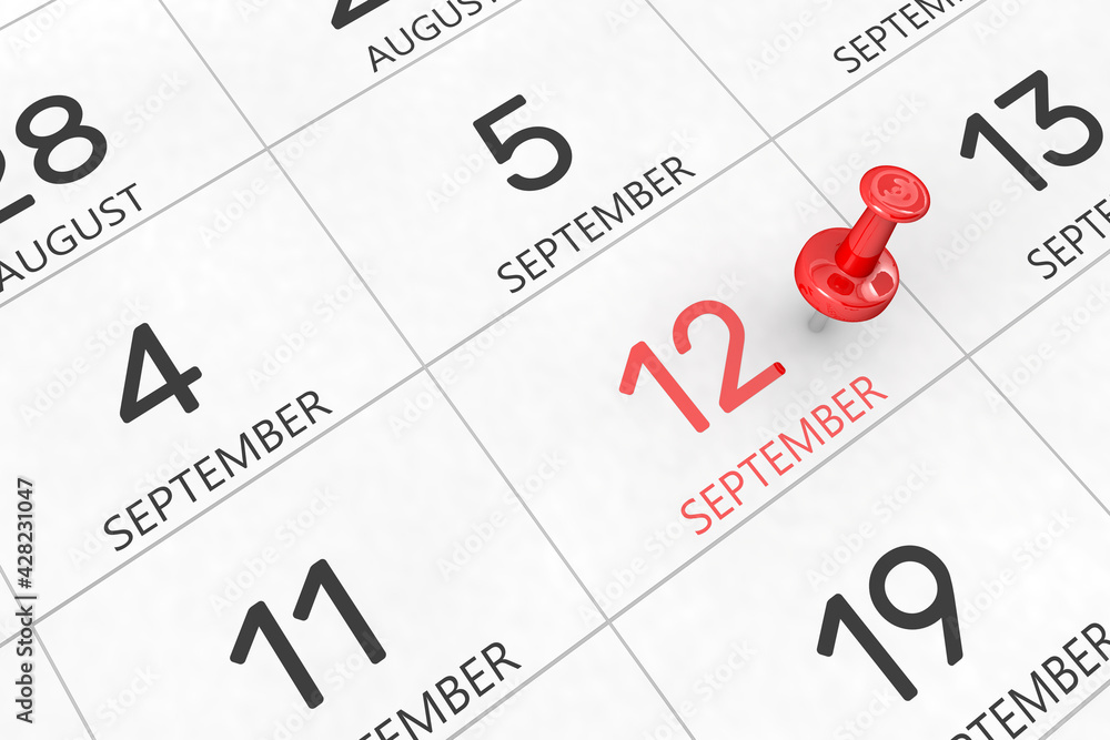 3d rendering of important days concept. September 12th. Day 12 of month. Red date written and pinned on a calendar. Autumn month, day of the year. Remind you an important event or possibility. 3d rendering of important days concept. September 12th. Day 12 of month. Red date written and pinned on a calendar. Autumn month, day of the year. Remind you an important event or possibility.