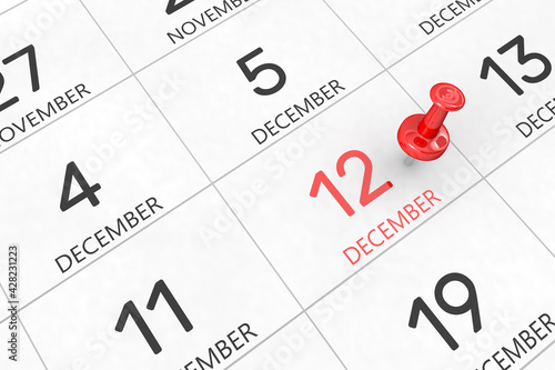 3d rendering of important days concept. December 12th. Day 12 of month. Red date written and pinned on a calendar. Winter month, day of the year. Remind you an important event or possibility.