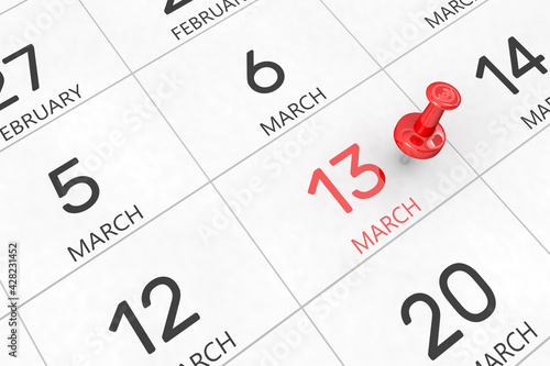 3d rendering of important days concept. March 13th. Day 13 of month. Red date written and pinned on a calendar. Spring month, day of the year. Remind you an important event or possibility.