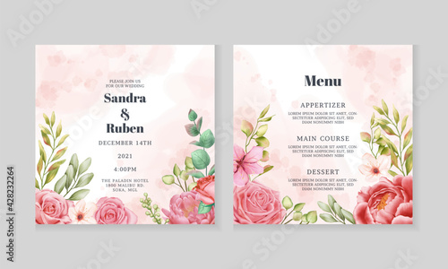 Beautiful floral wedding invitation and menu card template