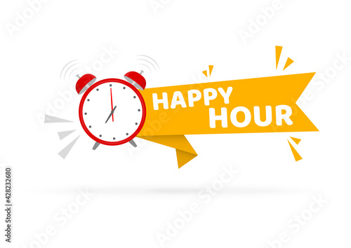 Happy hour geometric badge with alarm clock banner. Modern Vector illustration.