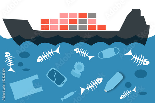 Ecological disaster and water pollution, skeletons of dead fish.
