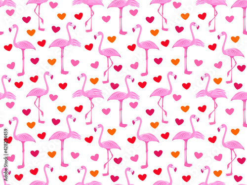Fototapeta Naklejka Na Ścianę i Meble -  pink flamingos. seamless pattern with flamingos and hearts. exotic birds. stock vector illustration with birds of paradise.