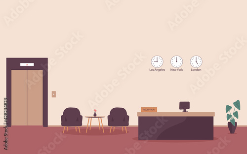 Administrator workplace in hotel or bank with elevator. Interior of a modern reception desk in the waiting room with armchairs and table or lobby of business office with lift.Vector flat illustration