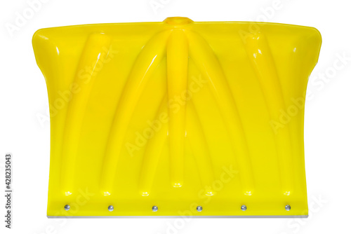 Yellow plastic snow shovel blade with stiffeners and metal tip isolated on white background photo