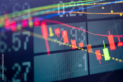 Stock market data on digital LED display. Fundamental and technical analysis with candle stick graph chart of stock market trading to represent about Bullish and Bearish point.