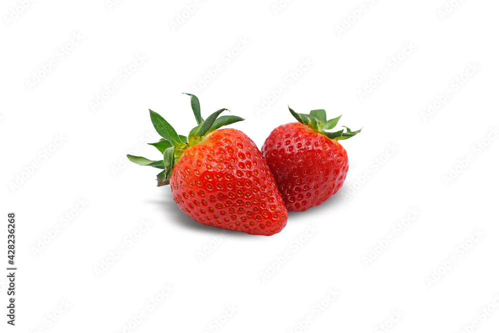 Two fresh strawberries close-up. Isolated image. White background. Two fresh strawberries close-up. Isolated image. White background.