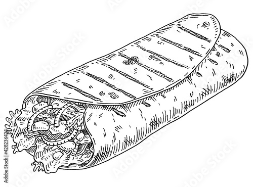 Burrito. Mexican traditional food. Vintage monochrome gray hatching illustration