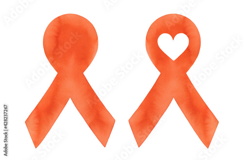 Watercolor set of bright orange ribbons with artistic brush strokes: blank template and with little love heart. Handdrawn water color graphic illustration, cut out art elements for design decoration. photo