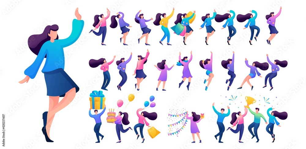 Set of a fun teen girl. Presentation in various in various poses and actions. 2D Flat character vector illustration N5