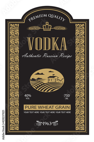 template vodka label with royal crown, field and ears of wheat in retro style