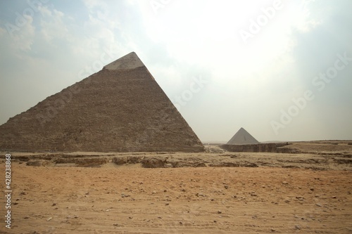 Giza Necropolis Pyramids in the sandy desert.