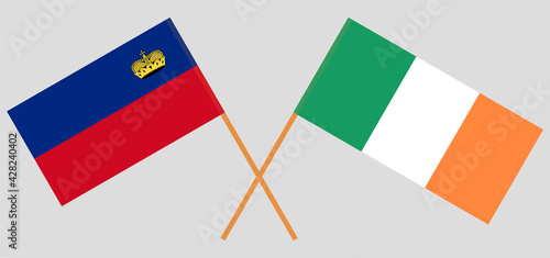 Crossed flags of Liechtenstein and Ireland. Official colors. Correct proportion