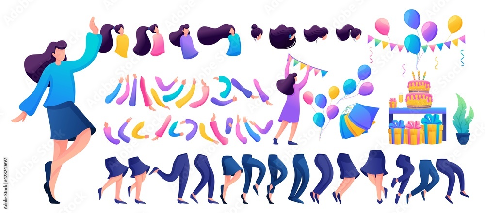 Constructor for creating a fun teen girl. Create your own character with a set of hands and feet. Flat 2D characters N5 Constructor for creating a fun teen girl. Create your own character with a set of hands and feet. Flat 2D characters N5