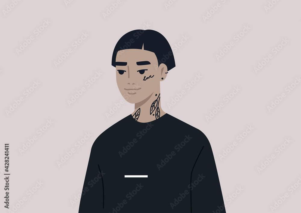 A portrait of a gender neutral Asian character wearing piercing, tattoos, and dark clothes, underground lifestyle A portrait of a gender neutral Asian character wearing piercing, tattoos, and dark clothes, underground lifestyle
