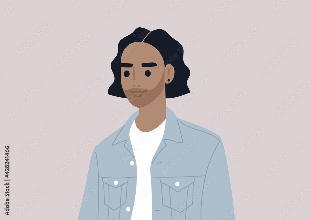 A portrait of a young Latino male character with long wavy hair wearing a denim jacket, casual millennial lifestyle A portrait of a young Latino male character with long wavy hair wearing a denim jacket, casual millennial lifestyle