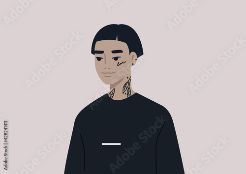 A portrait of a gender neutral Asian character wearing piercing, tattoos, and dark clothes, underground lifestyle