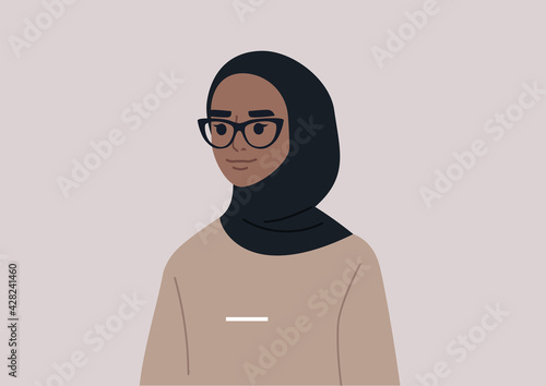 A modern portrait of a female character wearing a hijab and a cat-eye frame photo