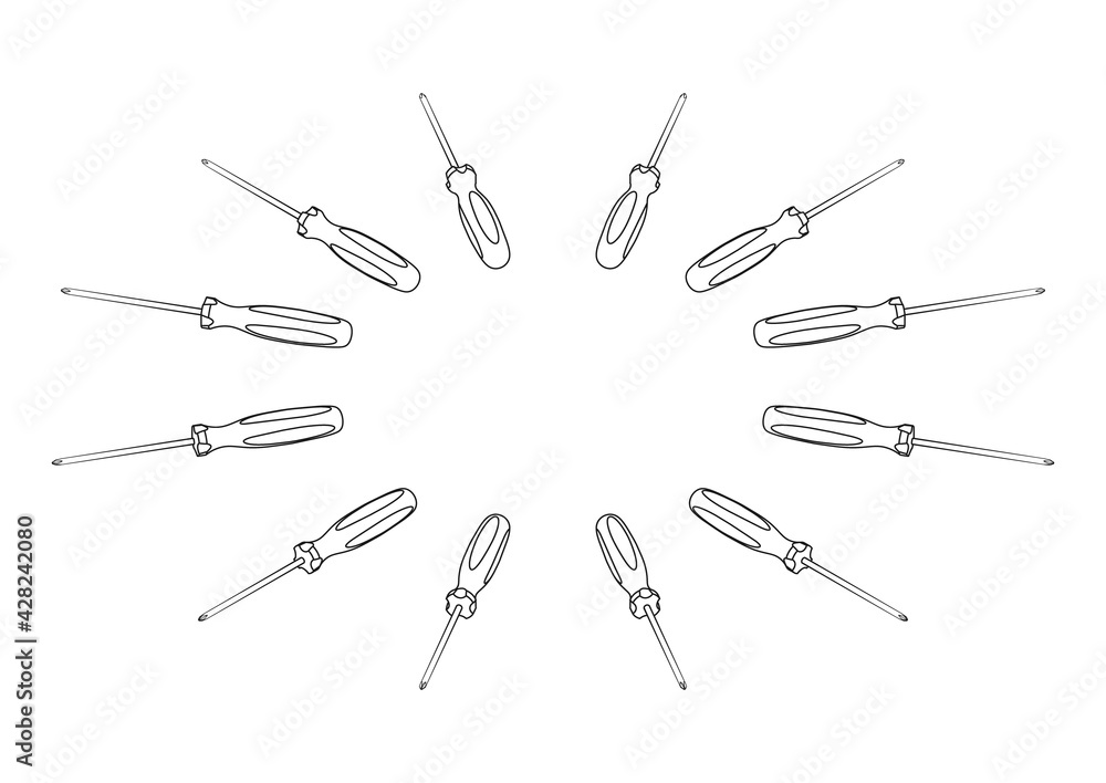 Naklejka premium Isometric Screwdrivers From Different Angles in Outline Style