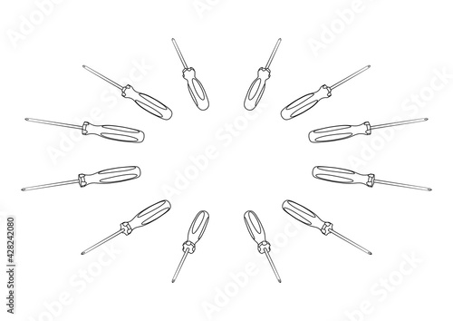 Isometric Screwdrivers From Different Angles in Outline Style