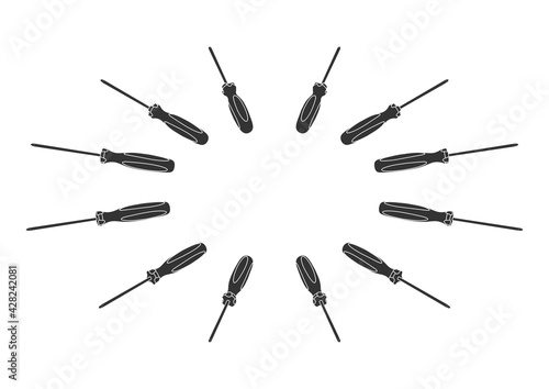 Isometric Screwdrivers From Different Angles in Silhouette Style