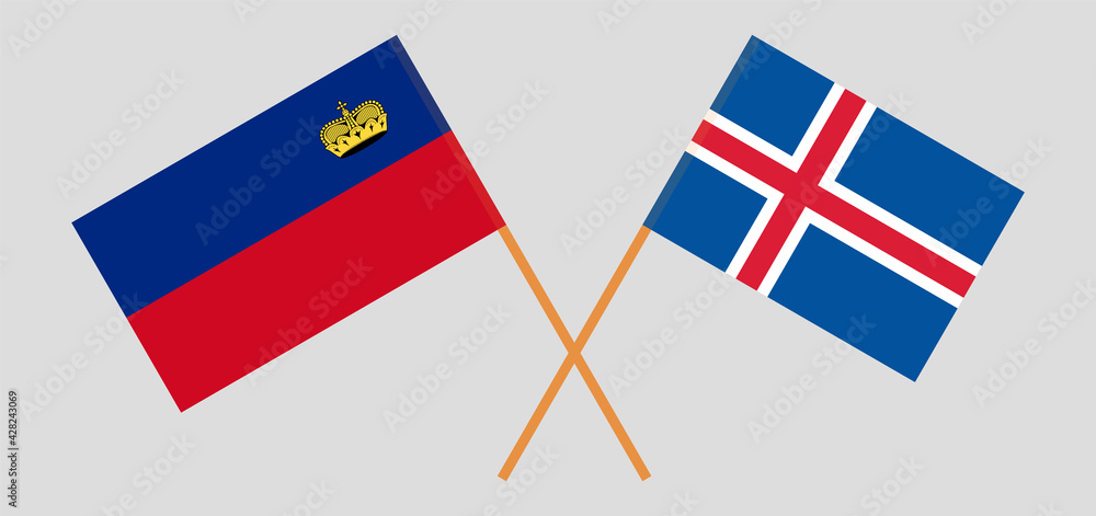Crossed flags of Liechtenstein and Iceland. Official colors. Correct proportion