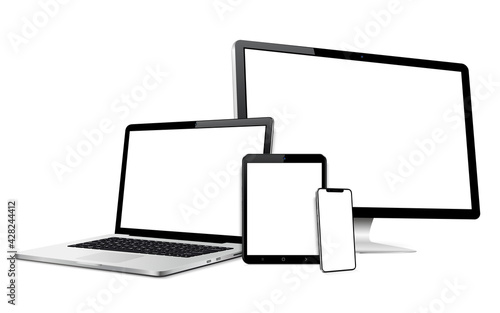 Set of blank screens with computer, laptop, tablet, phone