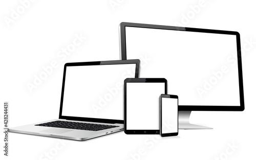 Device screen mockup. Smartphone, tablet, laptop and computer monitor with blank screen.