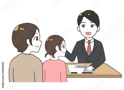 三者面談　男性の先生　母と娘