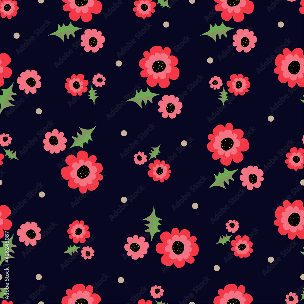 Decorative poppy flowers pattern. Endless vector texture on blue background. Print for textile, fabric, wrapping paper, bed linen, scrapbook